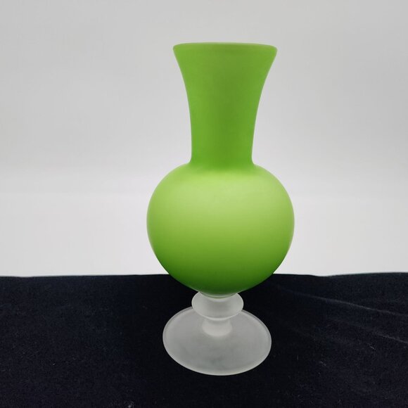 Frosted Satin Cased Green Glass Vase With Flared Neck & Pedestal Base VTG 8.75" - Picture 1 of 10